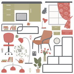 A set of elements for interior decoration of an office with furniture: an armchair, a desk, shelves, paintings, a laptop, indoor plants, a watering can, flowers in a vase, storage boxes, a clock.