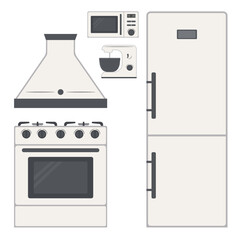 Fototapeta premium A set of elements for decorating the kitchen interior with furniture: refrigerator, gas stove, extractor hood, microwave oven, mixer.
