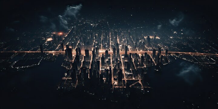 AI Generated. AI Generative. Night above air aerial drone panoramic city urban skyscraper town landscape view. Adventure travel journey fly vibe. Graphic Art