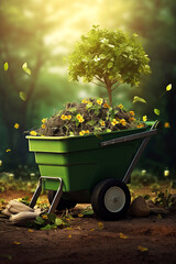 Generative AI illustration of green eco friendly wheelbarrow and shovel collecting plastic in the forest