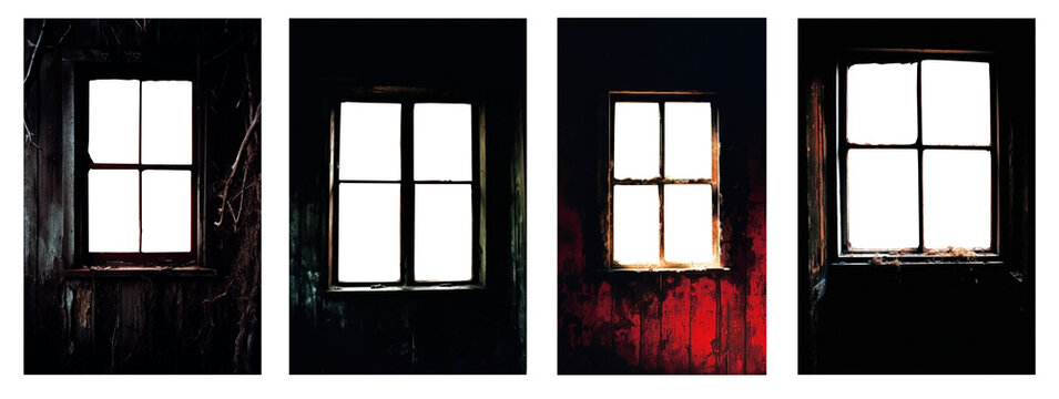 set of transparent PNG window frames. Grunge. Dirty and old. Apocalyptic. Abandoned.