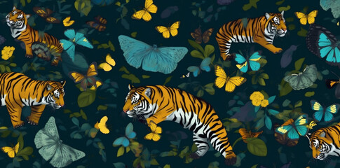 tiger illustration flower nature animal pattern vintage design art drawing. Generative AI.