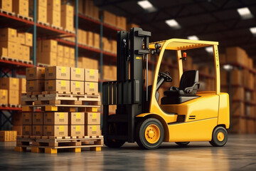 Fototapeta na wymiar A forklift truck in a warehouse with boxes in the middle concept ai