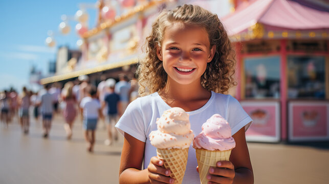 Smiling girl holding ice cream cone with beach market background. Generative AI