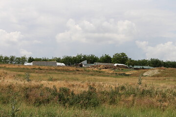 Fototapeta na wymiar A field with a few buildings in the distance