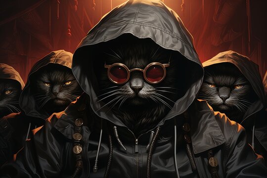 Mic - Dropping Feline: Witness a gansta rap cat spitting fiery rhymes, with shades on, surrounded by a posse of hype - man mice. Surreal vibes illustration generative ai