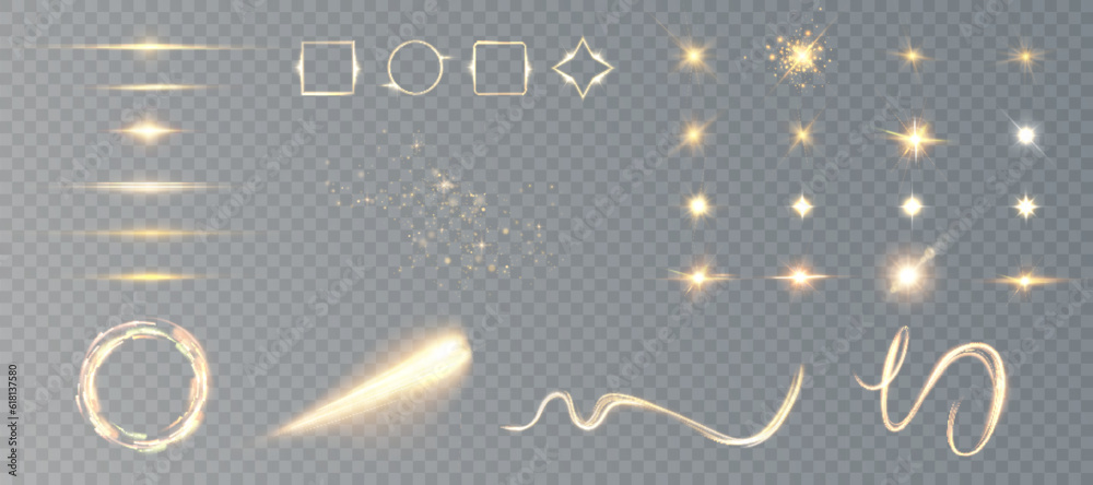 Poster abstract image of lighting flare. set of golden lights, bokeh effect, bright frame. vector