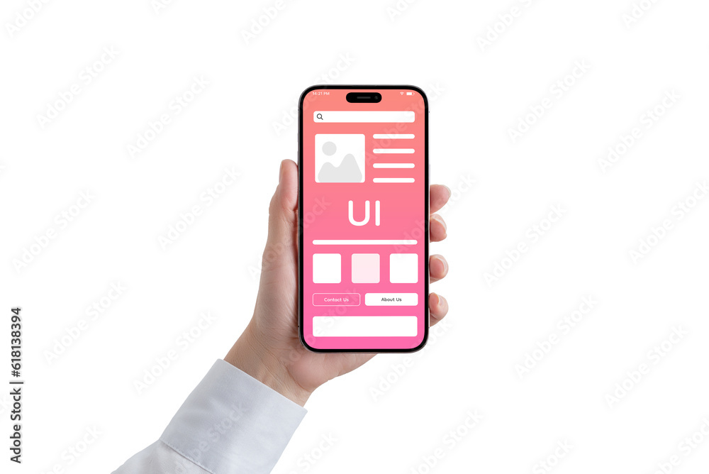 Poster woman's hand holding a phone with a conceptual user interface. the interface displays a modern desig