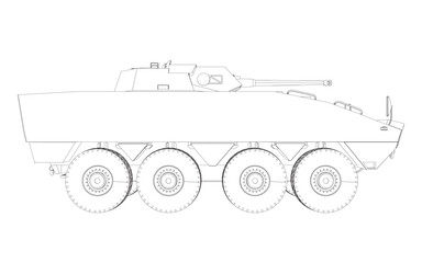 Outline Armored troop carrier. Military machinery drawing vector illustration. BTR.