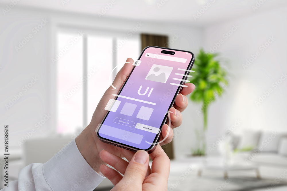 Poster Concept of using a mobile app. Complicated or simple user interface. App elements fly over mobile phone display