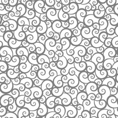 Seamless (repeatable) scrolls and swirls pattern background of flat gray color and transparent backdrop
