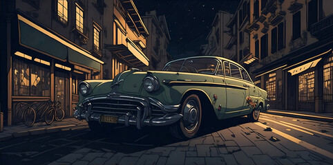 Anime style car drifting in the night sea. AI generated illustration