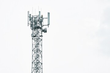 Telecommunication tower of 4G LTE Advanced and 5G cellular. 5G radio network telecommunication equipment with radio modules. Macro Base Station.