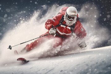 santa snowboarder holiday winter mountain ski snow sport christmas skier. Generative AI.