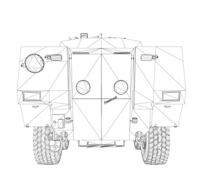 Wireframe Armored troop carrier. Military machinery drawing vector illustration. BTR 3D.