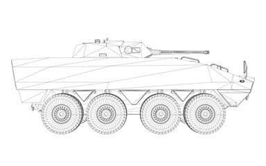 Wireframe Armored troop carrier. Military machinery drawing vector illustration. BTR 3D.