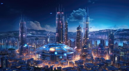 A virtual city with holograms and bright road lines