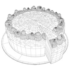 Wireframe cake. Birthday cake in contour line art drawing style. Traditional birthday cake on the top minimalist black linear sketch isolated on white background. Vector illustration. 3D.