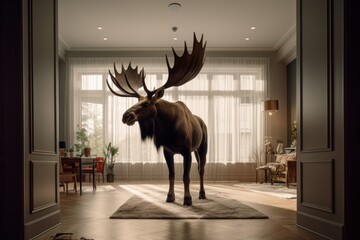 a huge elk stands in the middle of a modern interior, lifestyle conceptual illustration, ai tools generated image - obrazy, fototapety, plakaty