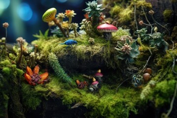microscopic natural landscape with beautiful plants,  mushrooms, moss, lichens and tiny creatures, ai tools generated image