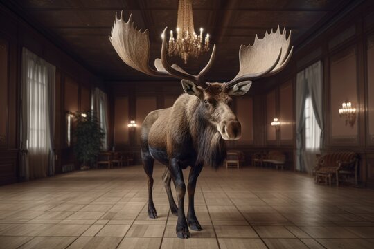 a huge elk stands in the middle of a modern interior, lifestyle conceptual illustration, ai tools generated image