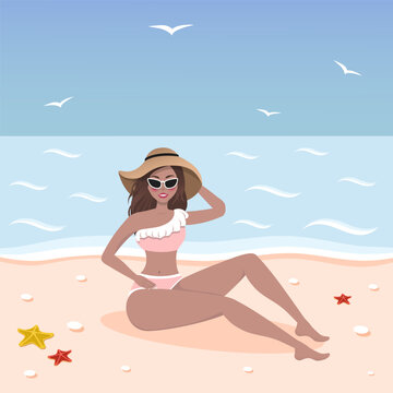beautiful young woman in swimsuit and sunglasses on the beach. Flat lay of beach, traveling accessories. Girl sunbathing on the sand. vacation. Seaside. Woman in beach straw hat