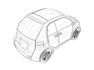 Fototapeta premium Vector flat illustration of contour small car. City car blueprint. Blank compact car template for branding or advertising. Food delivery car.