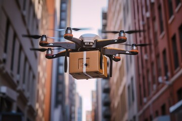 a delivery quadcopter carries a box through the air against the backdrop of a cityscape, ai tools generated image