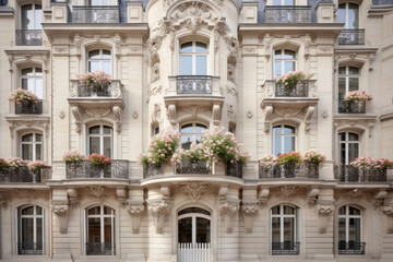 Fototapeta na wymiar Façade d'un immeuble parisien, de type Haussmannien avec des balcons fleuris de géraniums rouges 