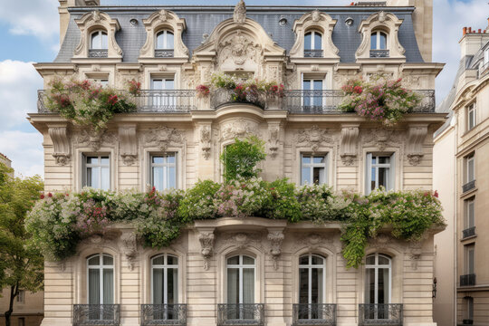 Fa&ccedil;ade d'un immeuble parisien, de type Haussmannien avec des balcons fleuris de g&eacute;raniums blancs	