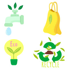Ecology flat vector concept illustration on green positive thinking. Waste sorting, Recycling, Green energy, Save the planet, bio farming. Creative landing web page illustrations set.