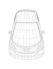 Vector illustration of wireframe small car. City car blueprint. Blank compact car template for branding or advertising. Food delivery car. 3D.