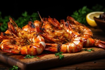 Grilled shrimp with lemon and herbs on a wooden board.