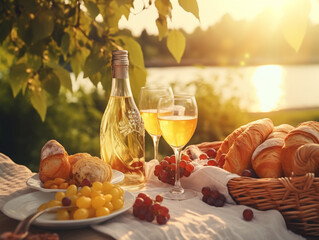 Beau pique-nique de fête en été dans un parc avec de délicieux fruits frais, des croissants et du vin.
