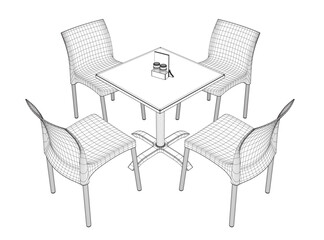 Wireframe Modern round table with chairs. Vector illustration. Hand drawn vector line art sketch of a dining table with chairs. 3D.