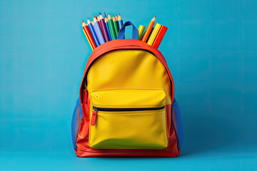 Stylish multicolored leather school backpack with pencils isolated on a blue background.