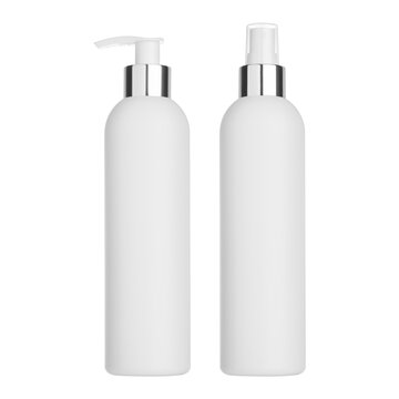 White matte glass or plastic cosmetic bottle with metallic silver dispenser pump and sprayer, variable set. Isolated mockup on white background