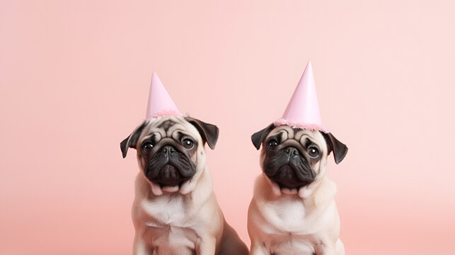 Two cute  beige pugs dogs  in birthday cap celebrating a birthday, sitting on a pink  studio background with copy space. happy birthday card with pets. Ai generative - Powered by Adobe
