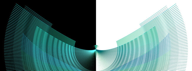 Striped transparent blades spread like wings on white and black backgrounds. Two abstract fractal backgrounds in one. Set. 3D rendering. 3D illustration. © Svetlana