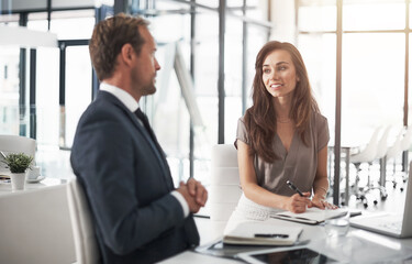 Fototapeta premium Collaboration, writing and team working on a project together in the office doing research or planning. Brainstorming, discussion and business people in partnership working on a strategy in workplace