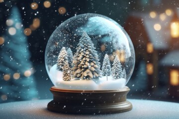 Glass globe with christmas landscape inside, christmas holiday concept, bokeh background. Generative AI