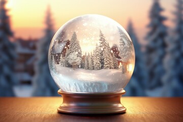 Glass globe with christmas landscape inside, christmas holiday concept, bokeh background. Generative AI