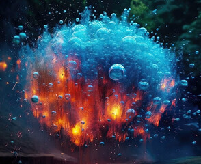 Obraz premium Falling abstract balls into the water, on a dark background.