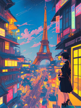 Eiffel Tower pencil drawing. AI generated illustration