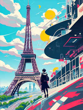 Eiffel Tower pencil drawing. AI generated illustration