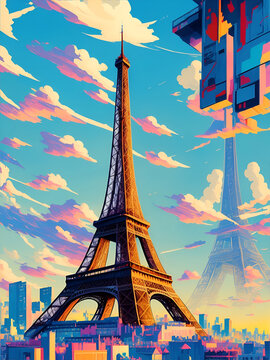 Eiffel Tower pencil drawing. AI generated illustration