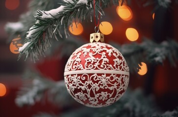 Red Christmas tree ball, bokeh background. Generative AI