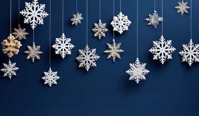 Christmas decoration on blue background, snowflakes, digital illustration. Generative AI