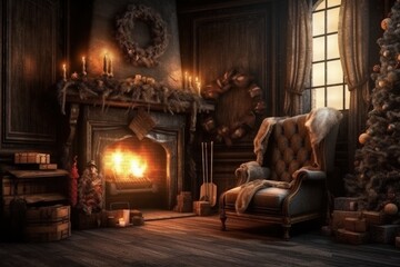 Obraz na płótnie Canvas Living room with fireplace, Christmas tree and gifts, digital illustration. Generative AI