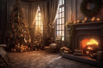 Living room with fireplace, Christmas tree and gifts, digital illustration. Generative AI